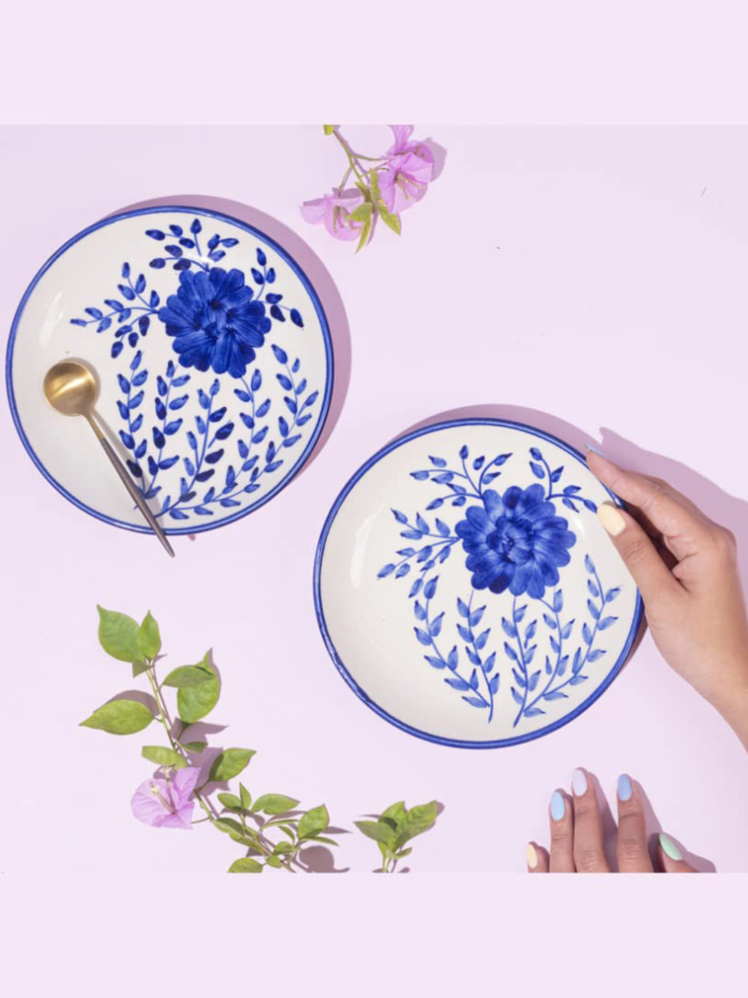 AMALAFIEE CERAMICS Blue 2 Pieces Printed Ceramic Microwave Safe Plates