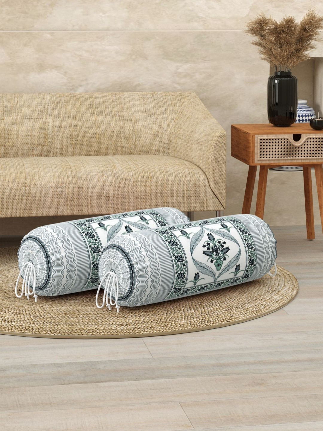 BLOCKS OF INDIA 2-Pcs White & Green Ethnic Motifs Printed Cotton Bolster Cover Set