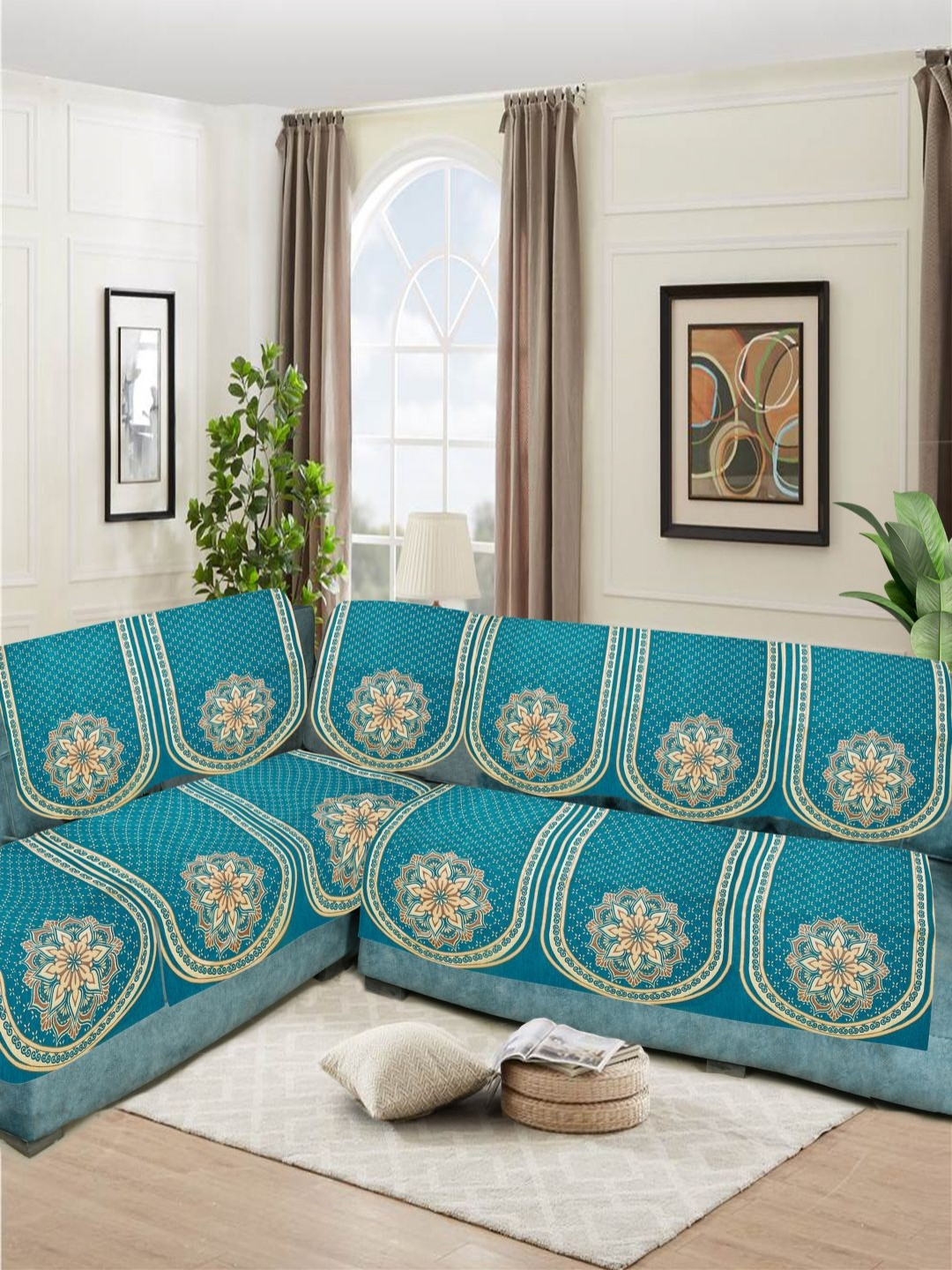 SAWNA HOMES Blue & Gold-Toned 6 Pieces Embroidered Velvet 6 Seater Sofa Cover With Arms