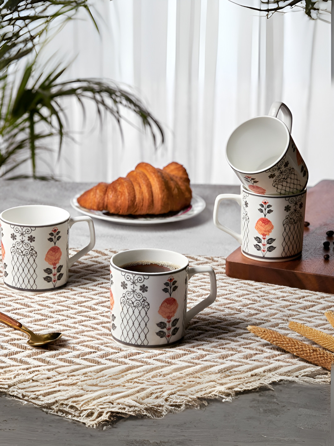 CLAY CRAFT  Director White & Black 6 Pieces Printed Glossy Ceramic Cups  215 ml