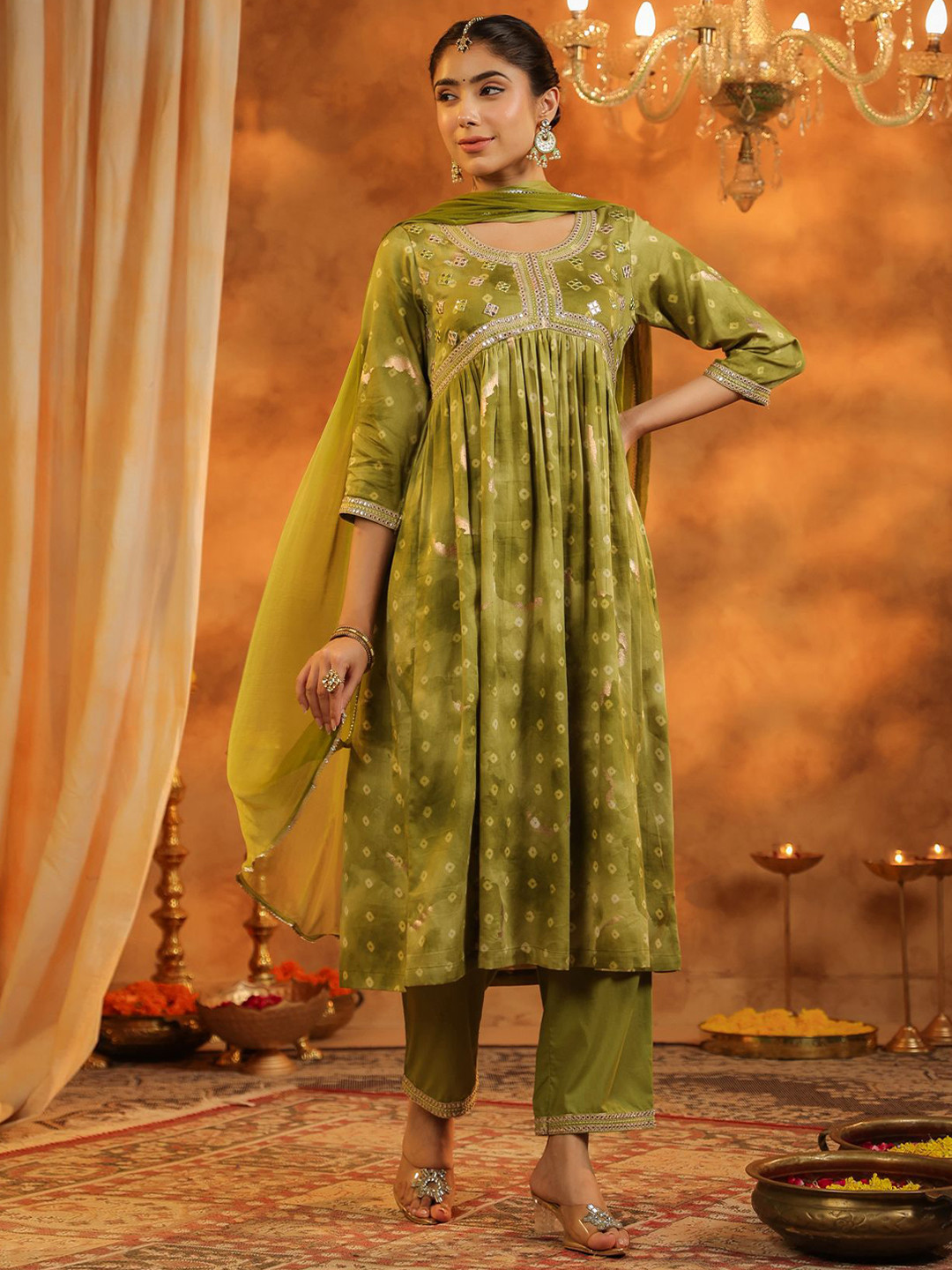 Rain & Rainbow Bandhani Printed Pure Cotton Anarkali Kurta with Trousers & Dupatta
