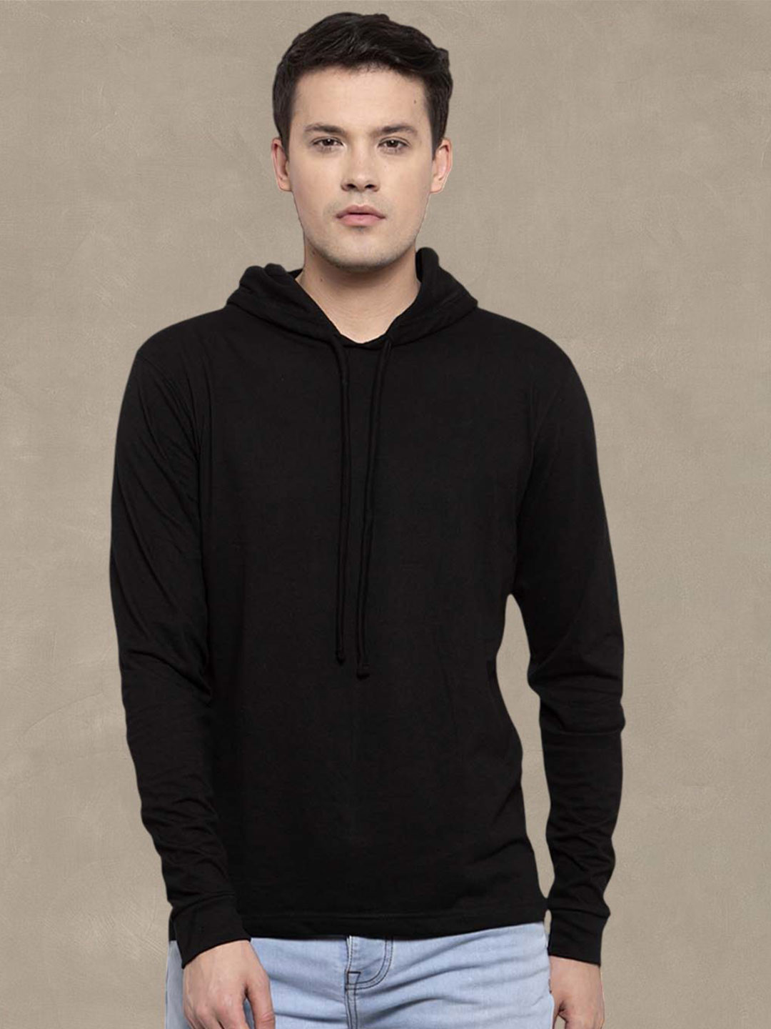 Friskers Men Black Cotton Solid Hoodie T-shirt