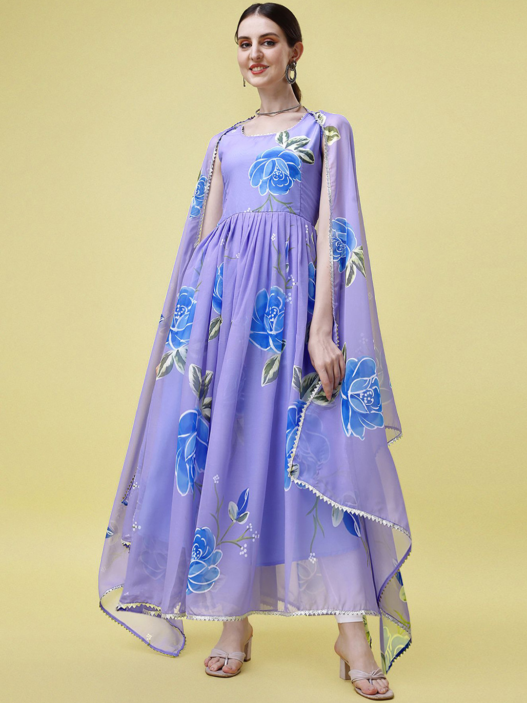 BAESD Floral Printed Round Neck Georgette Anarkali Gown Ethnic Dresses With Dupatta