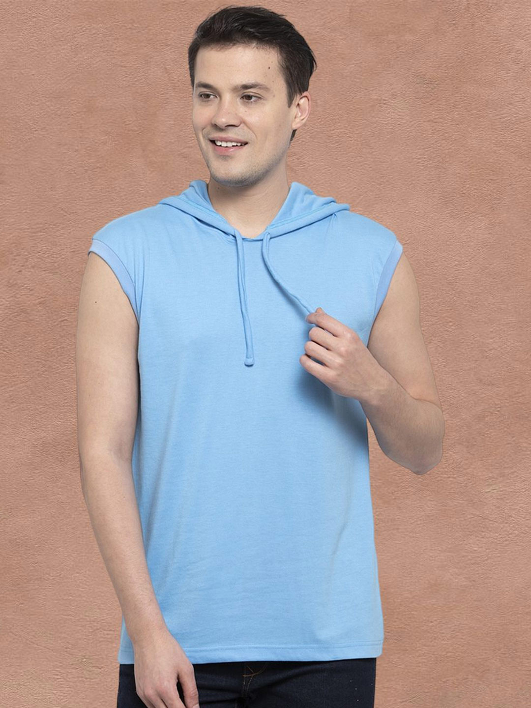 Friskers Men Turquoise Blue Cotton Solid Hoodie T-shirt