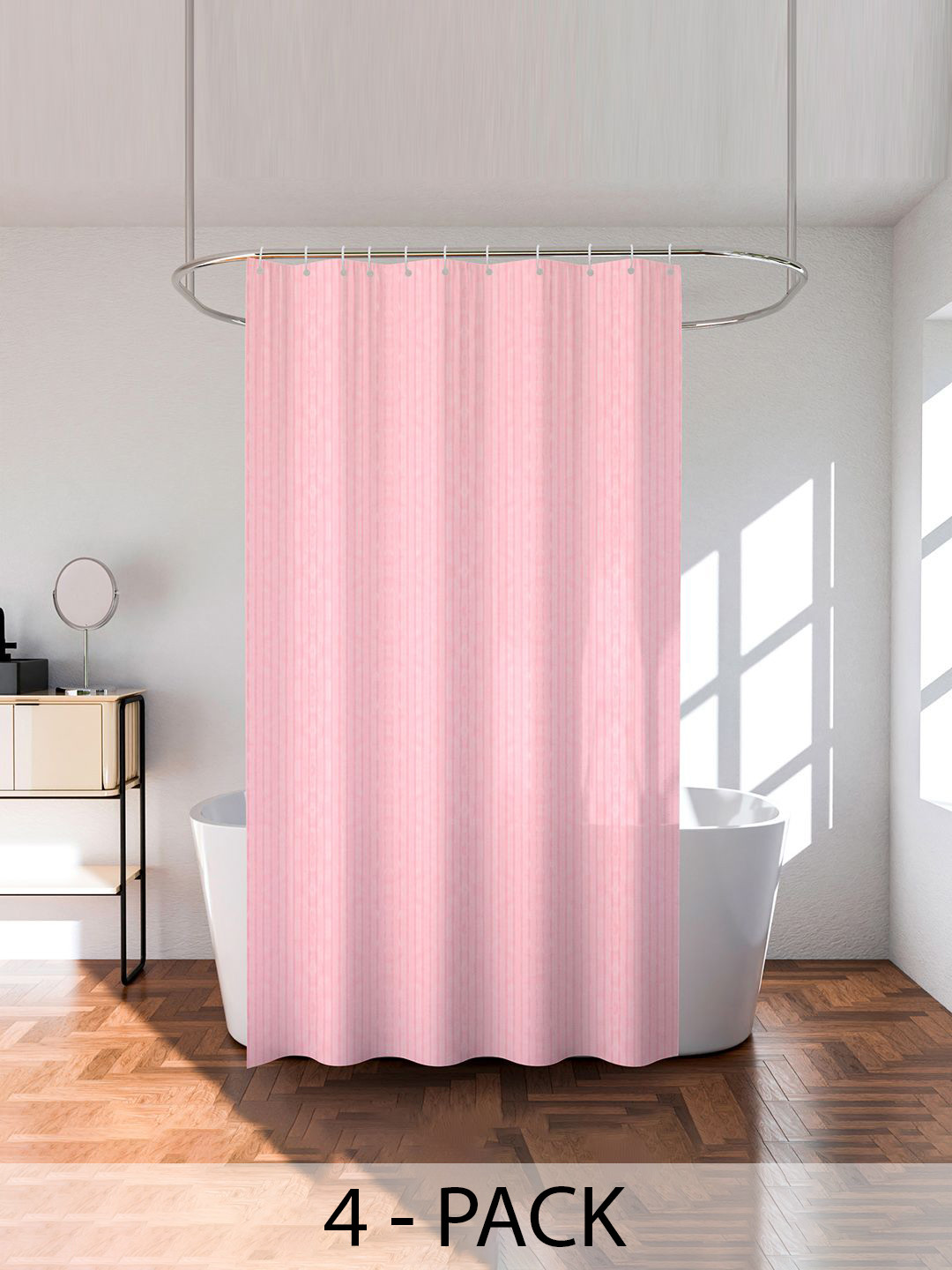 Kuber Industries Pink 4 Pieces Striped Shower Curtain With Rings