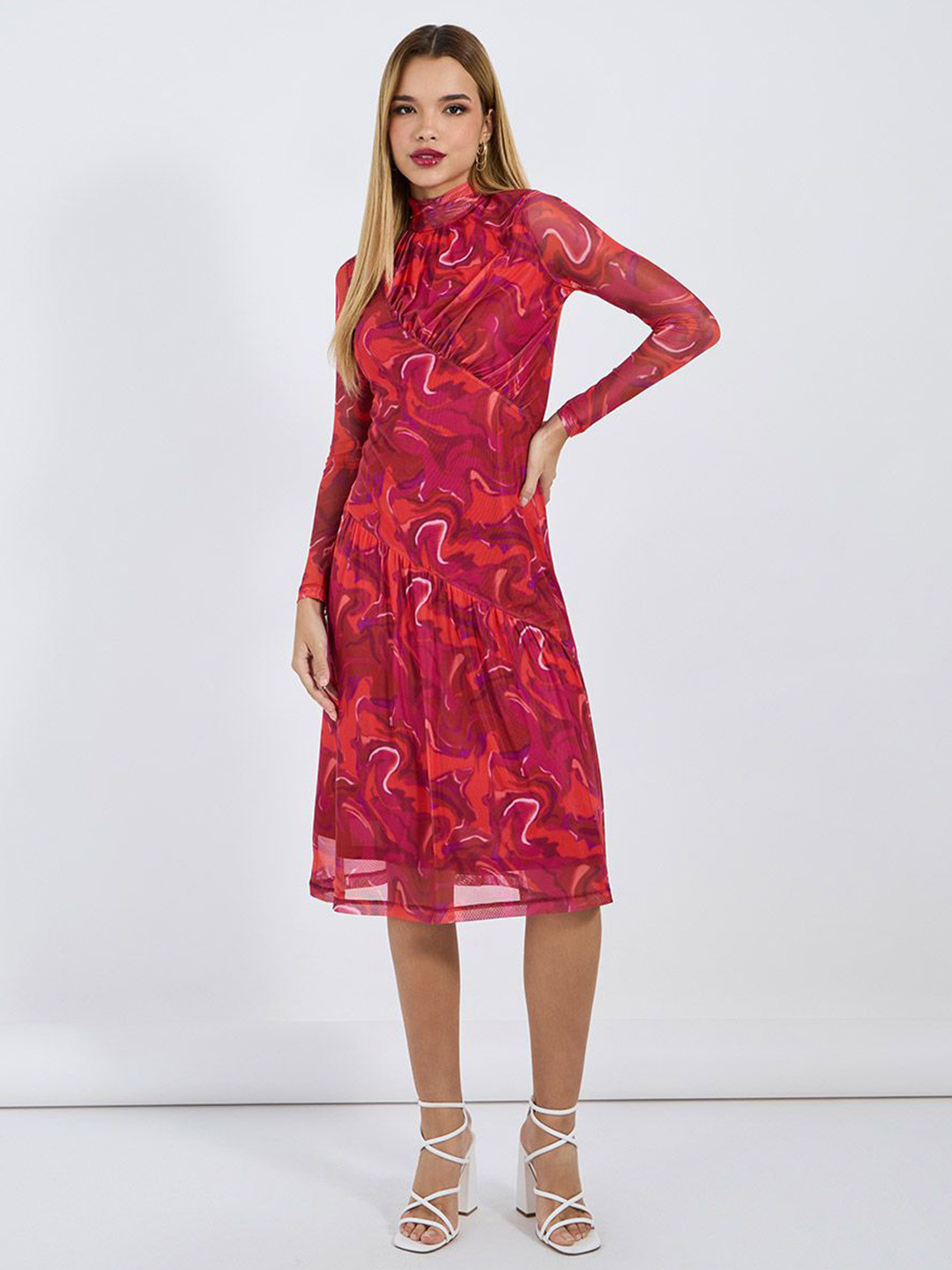 Styli Women High Neck Digital Print A-line Midi Dress