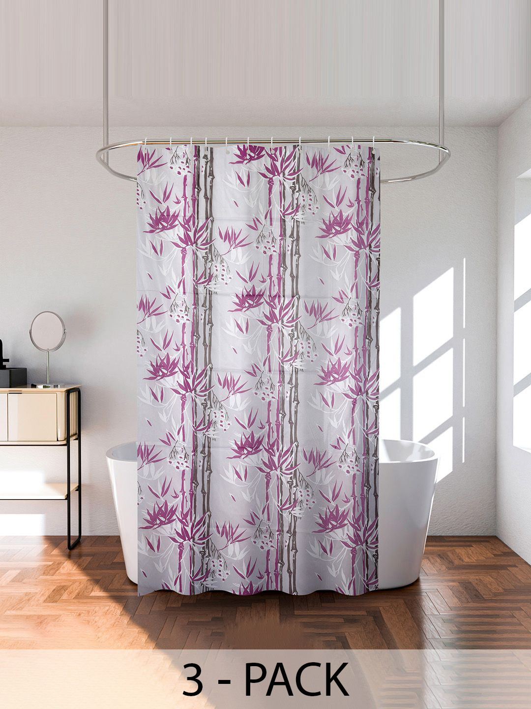 Kuber Industries Purple & White 3 Pieces Printed Shower Curtain Wwith Rings