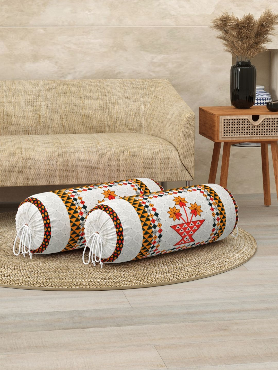 BLOCKS OF INDIA White & Orange Coloured 2 Pieces Ethnic Printed Cotton Bolster Cover Set