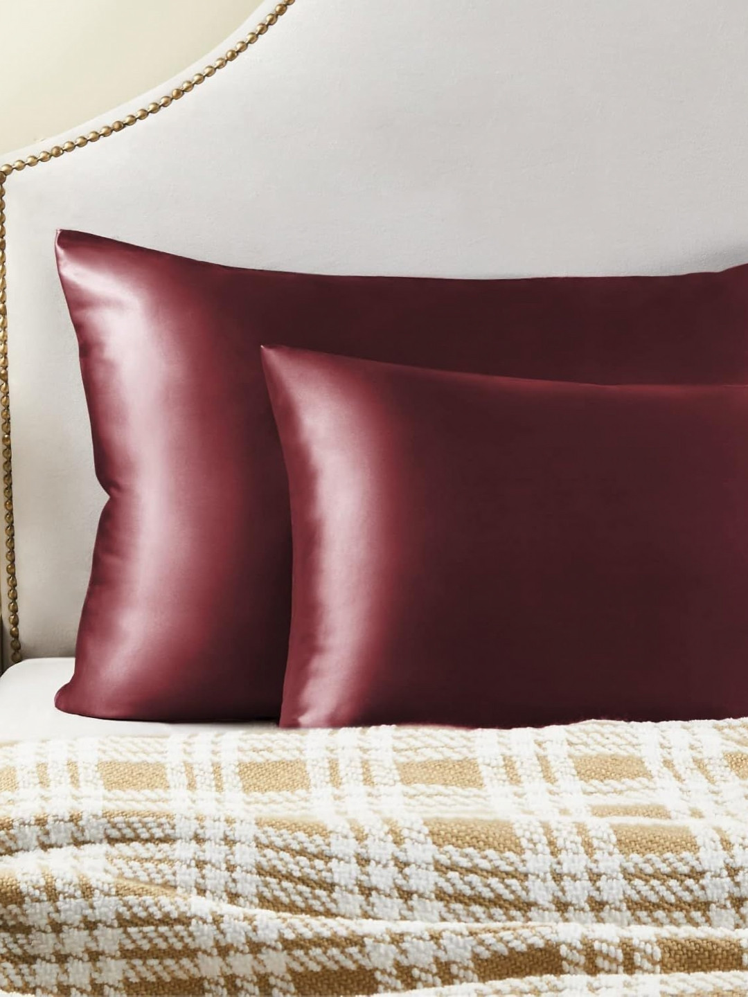 DEHMAN Burgundy 2 Pieces Pure Silk Square Pillow Covers