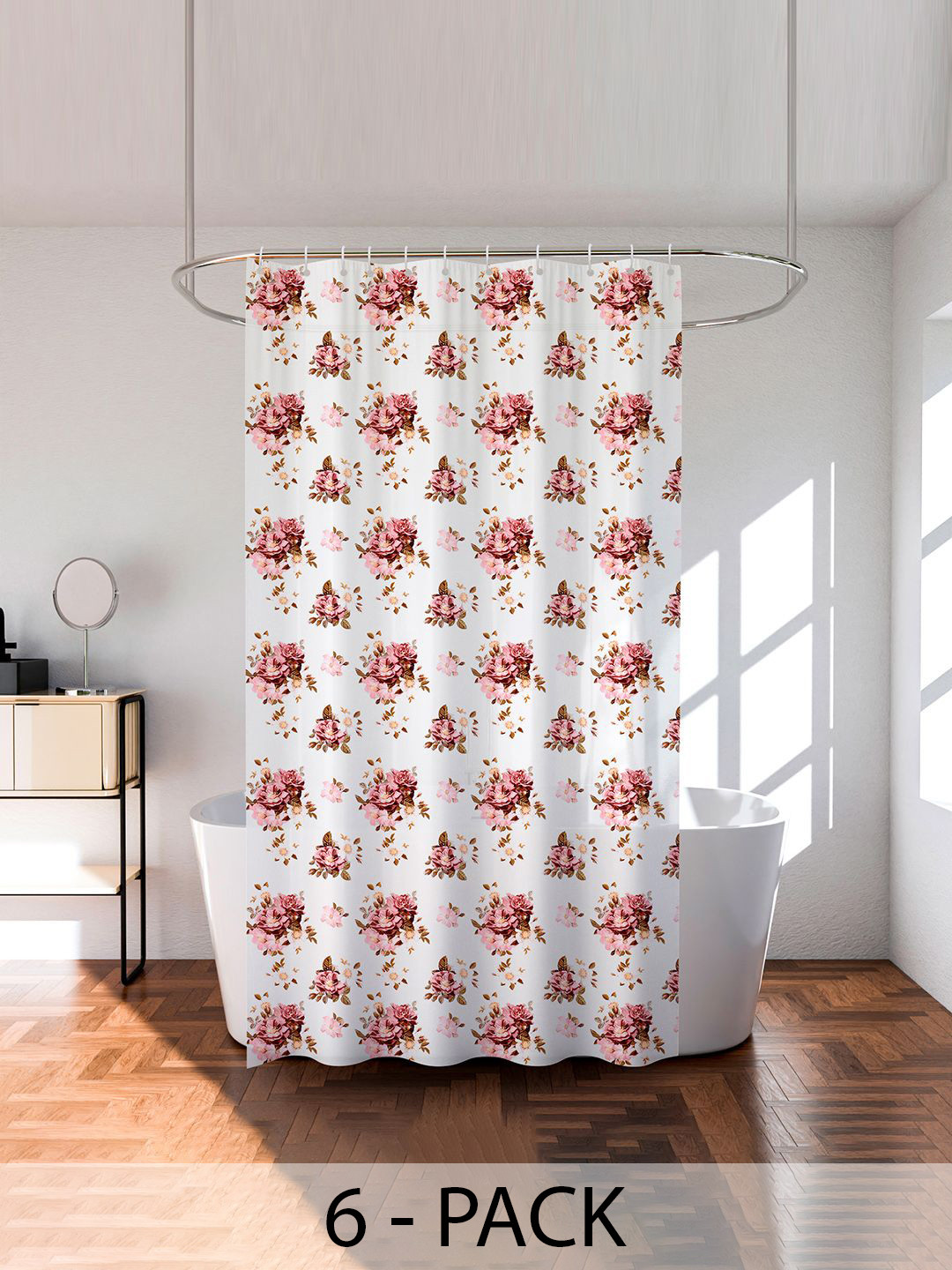 Kuber Industries Transparent & Pink 6 Pieces Floral Printed Shower Curtain With Rings