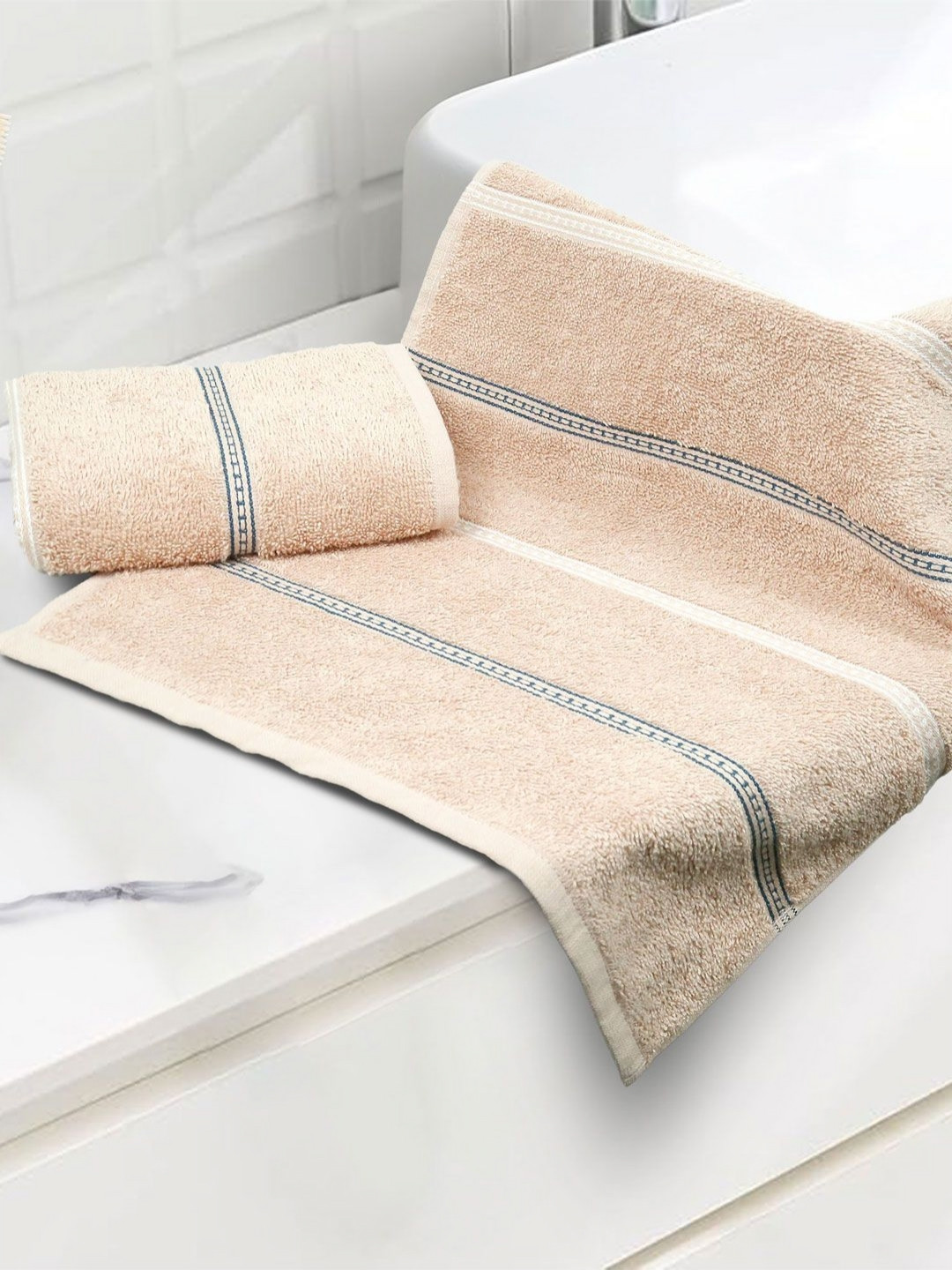MYTRIDENT Light Brown & Blue 2 Pieces Striped 450 GSM Pure Cotton Hand Towels