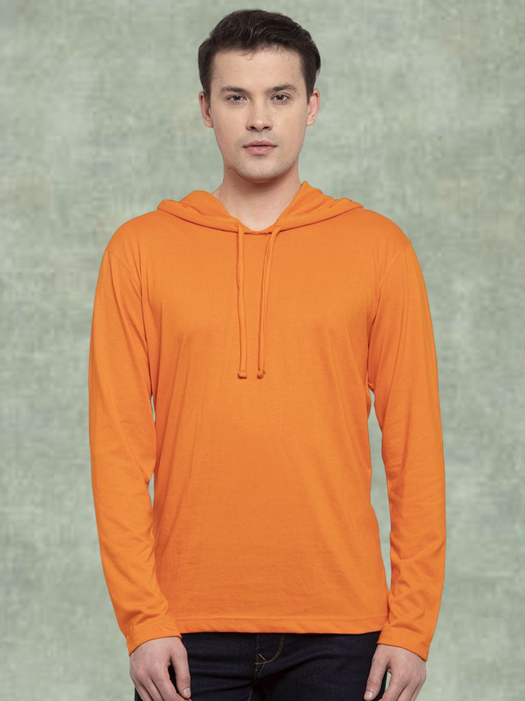 Friskers Men Orange Cotton Solid Hoodie T-shirt