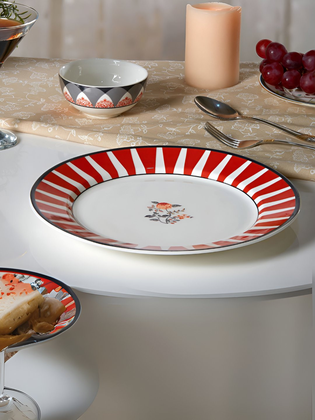 CLAY CRAFT  White & Red 8 Pieces Ceramic Dishwasher and Microwave Safe Dinner Set