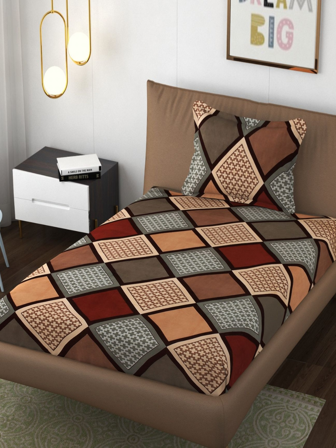 FINE TEX WORLD Mayur Beige Abstract Microfiber 210 TC Fitted Single Fine Bedsheet with a Pillow Cover-48 x 72 inches