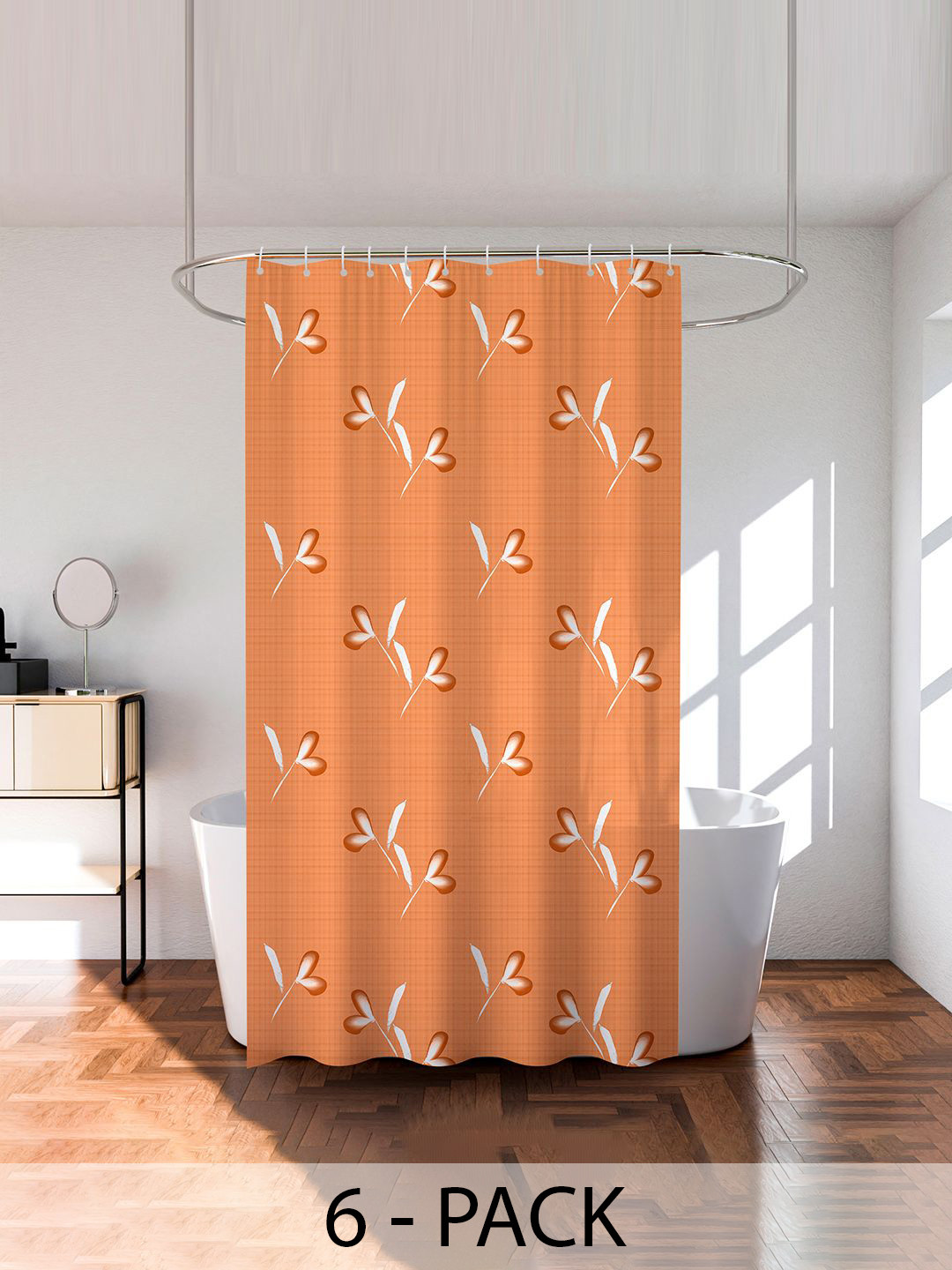 Kuber Industries Gold-Toned & White 6 Pieces Floral Printed Shower Curtain With Rings