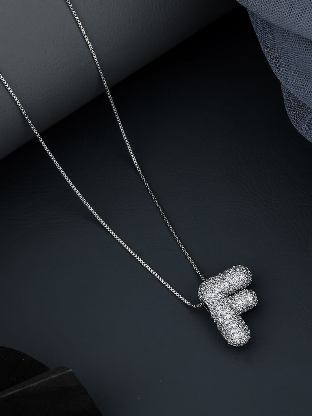 SKY SHOPPERS Unisex Silver-Plated Cubic Zirconia Studded Alphabet F Pendant With Chain