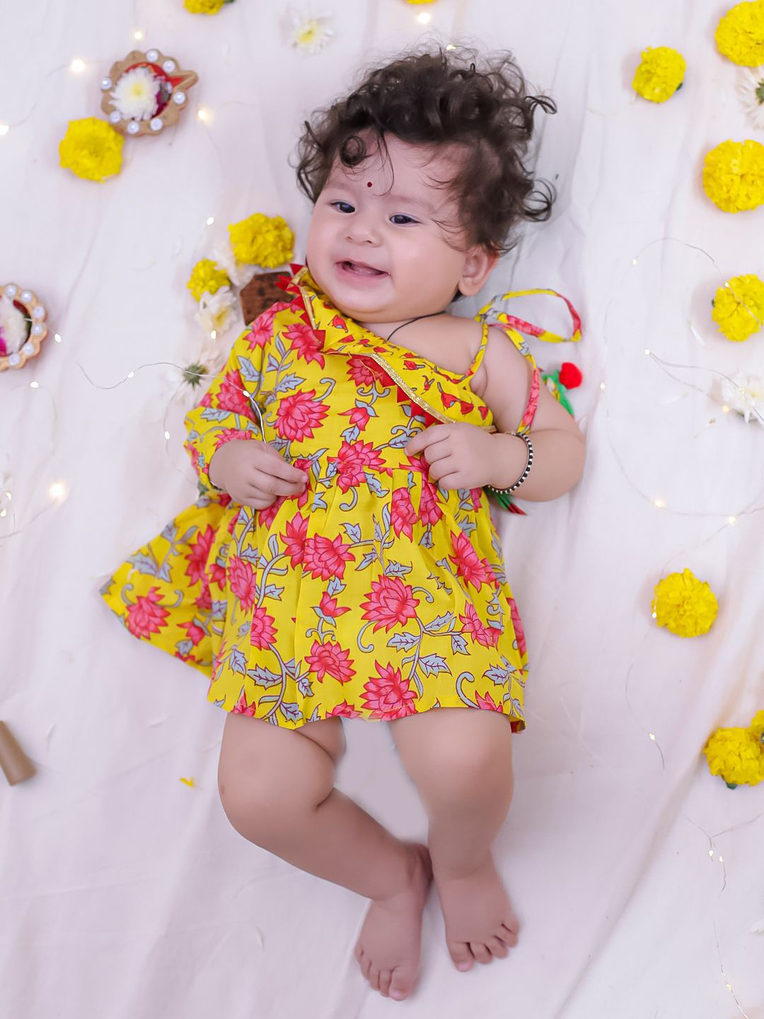 KID1 Girls Cotton Floral Printed Above Knee One Shoulder Tie-Ups Fit and Flare Dress