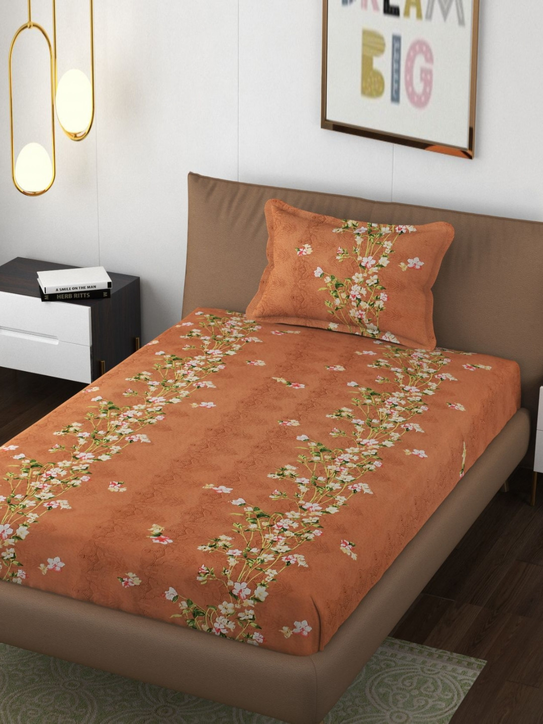 FINE TEX WORLD Mayur Mustard Floral Polycotton 210 TC Fitted Single Fine Bedsheet with a Pillow Cover-48 x 72 inches
