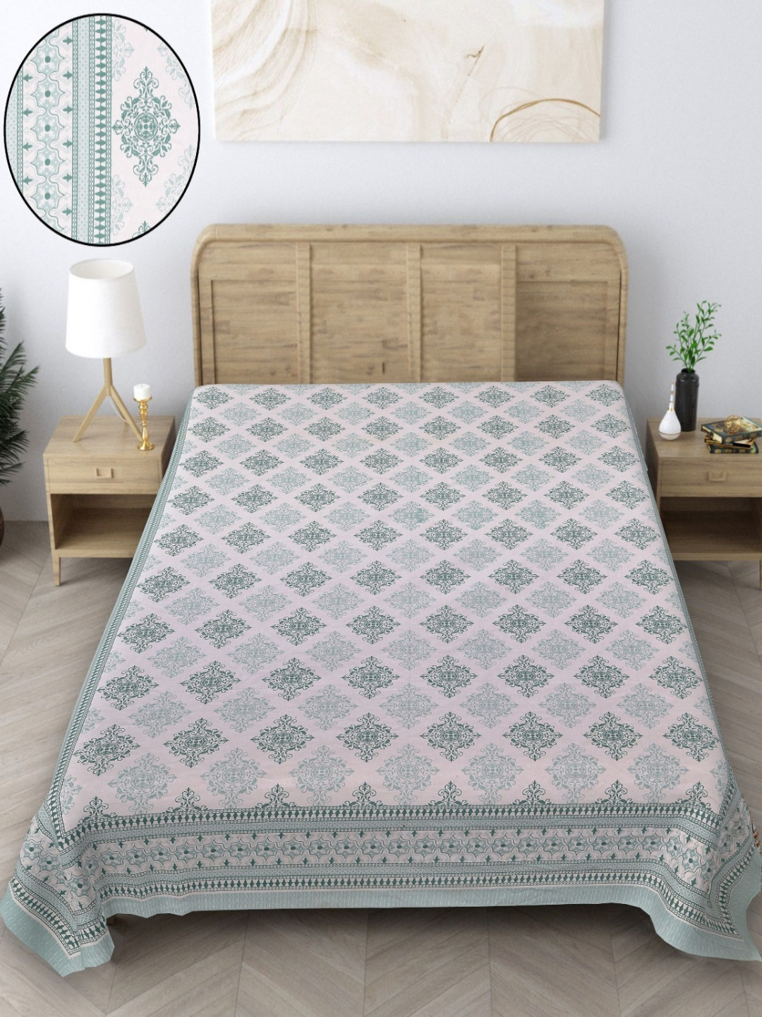 Texstylers Jaipuri Teal Floral Pure Cotton 164 TC Single Bedsheet -60 x 90 inches