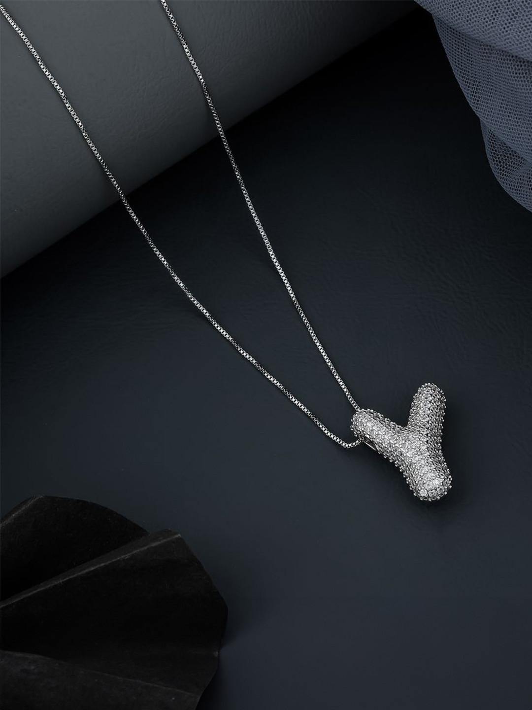 SKY SHOPPERS Unisex Silver-Plated Cubic Zirconia Studded Alphabet Y Pendant With Chain