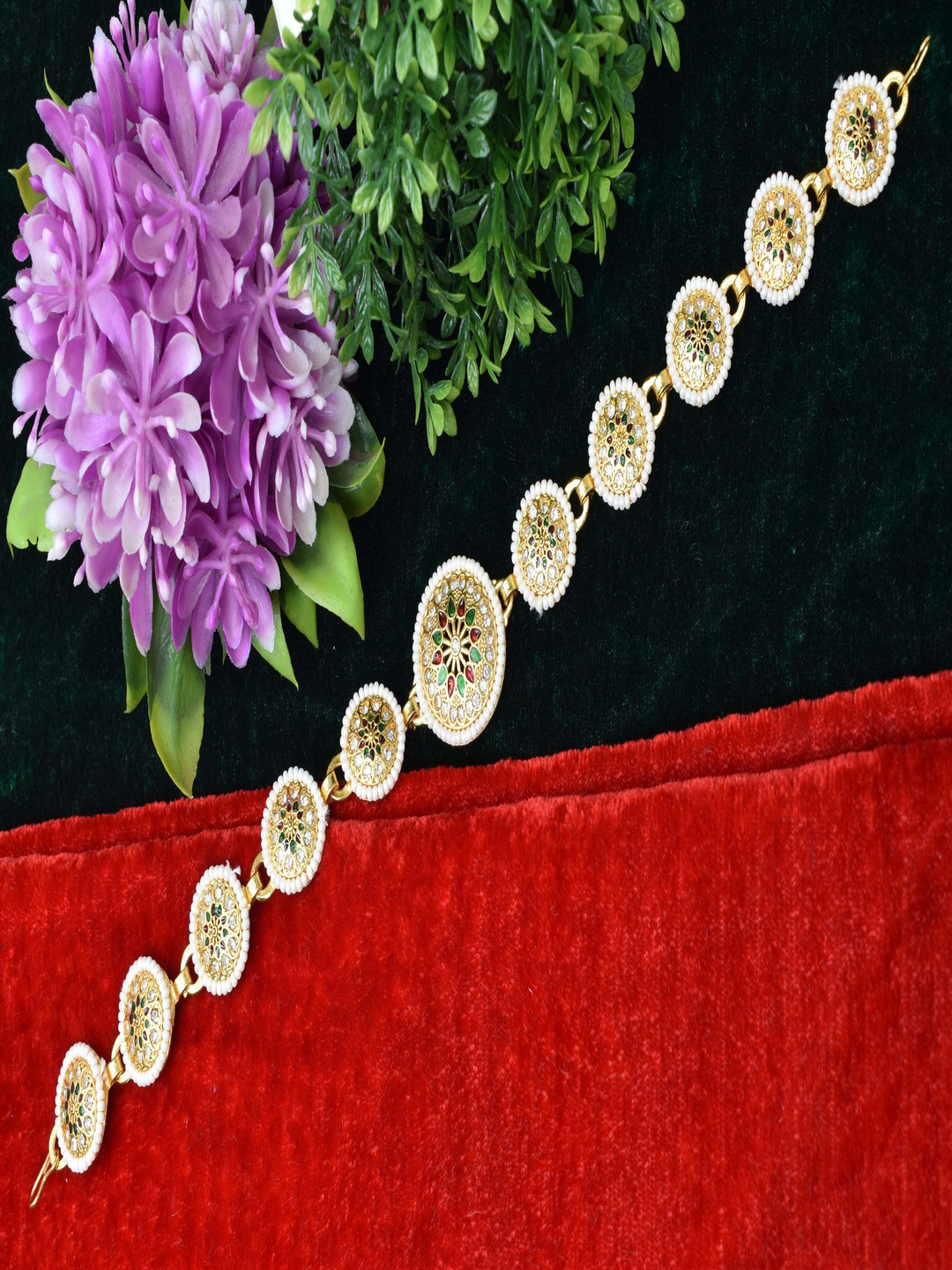 MEIRA JEWELLERY Gold-Plated Artificial Stones Studded Matha Patti Head Jewellery