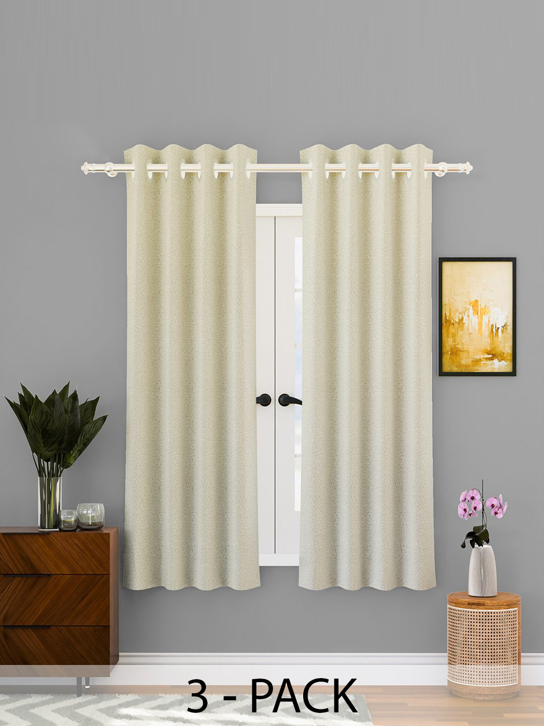Kuber Industries Cream 3 Pieces Cotton Window Curtains