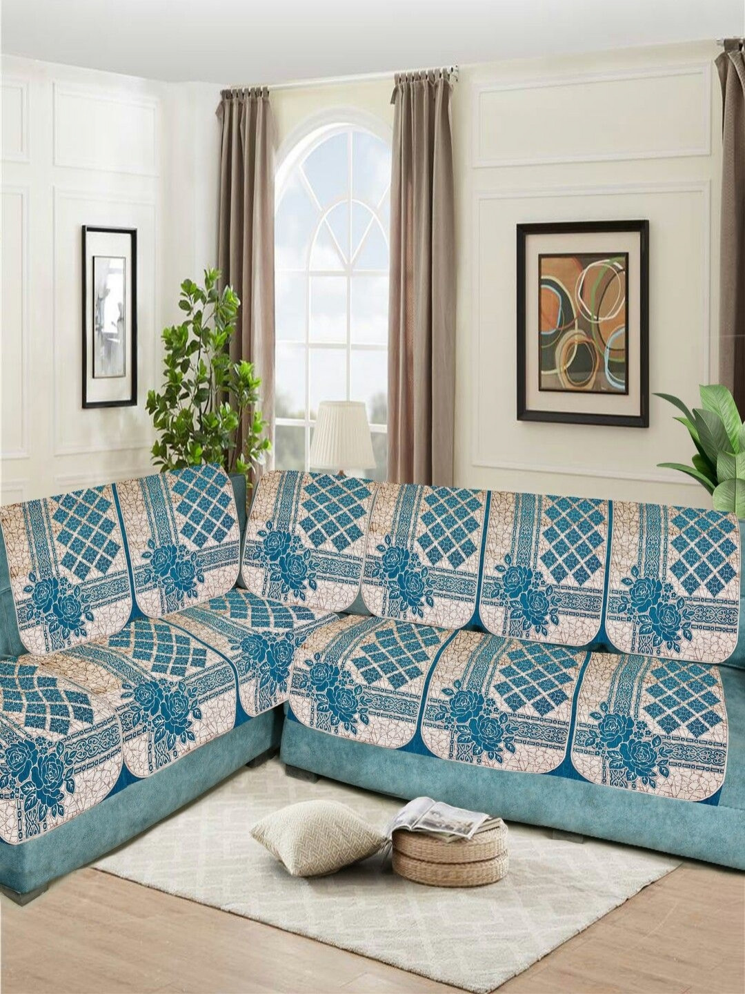 SAWNA HOMES Blue & Brown 6 Pieces Embroidered Velvet 6 Seater Sofa Cover With Arms