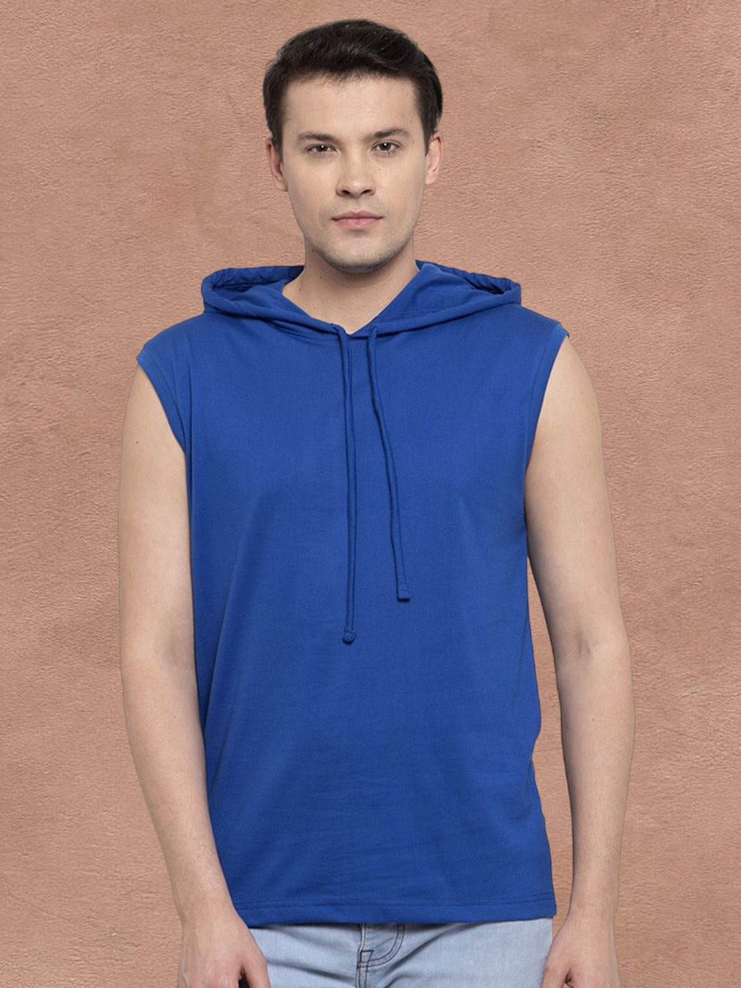 Friskers Men Royal Blue Cotton Solid Hoodie T-shirt