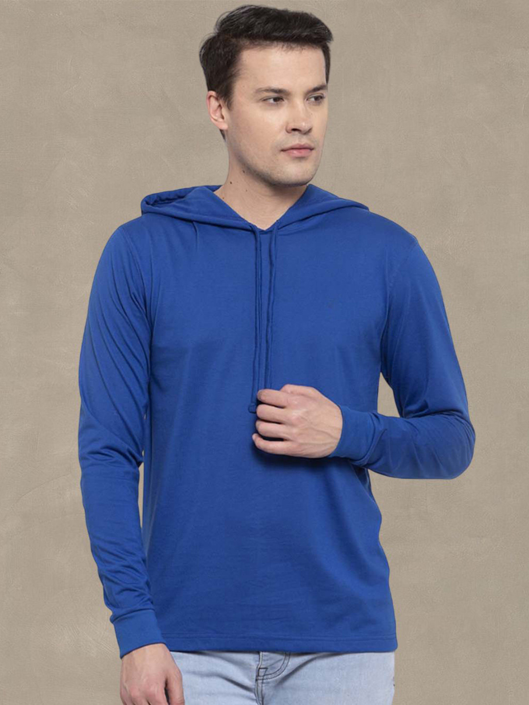 Friskers Men Royal Blue Cotton Solid Hoodie T-shirt