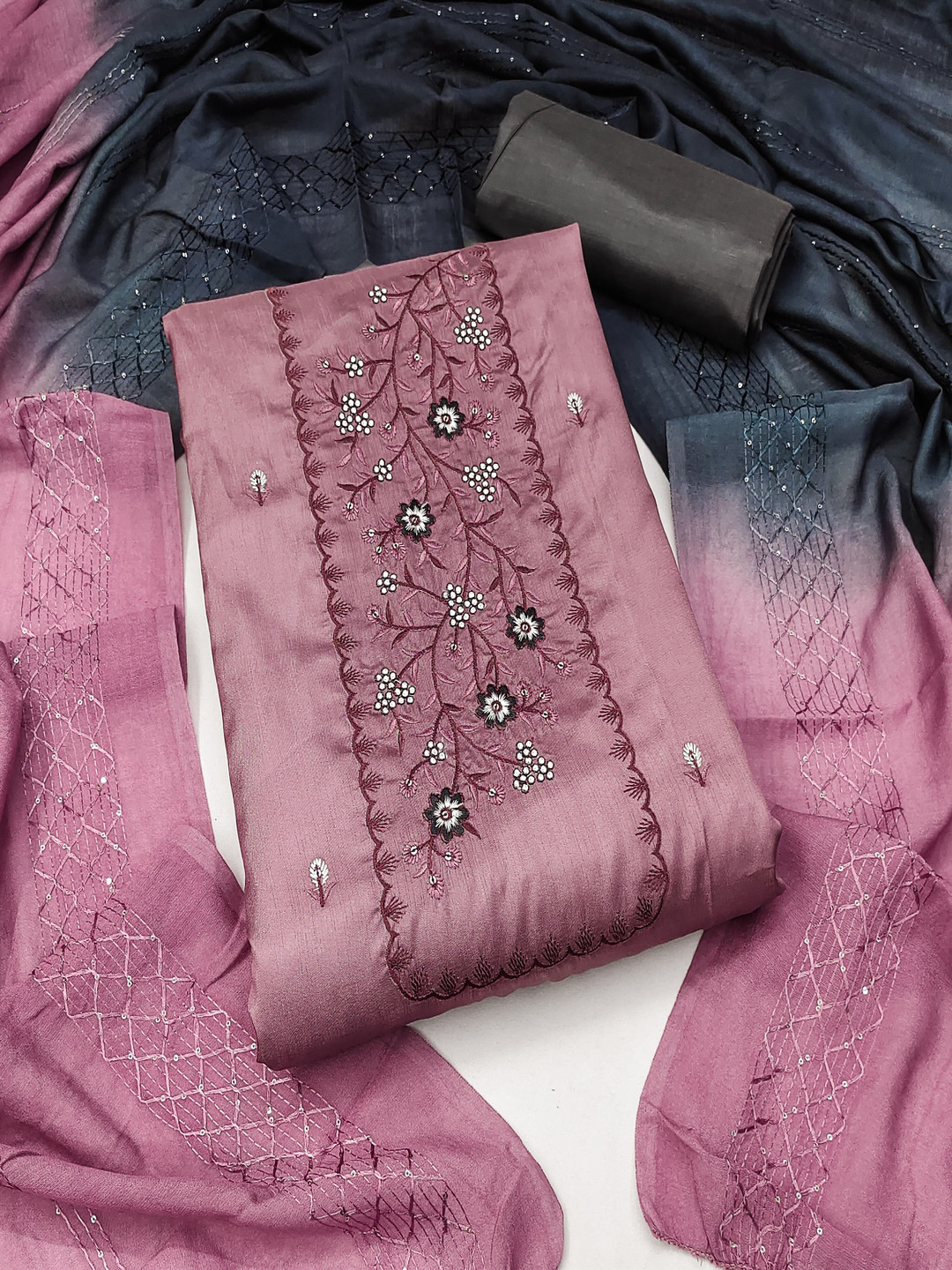 Maroosh Floral Embroidered Sequinned Silk Cotton Unstitched Dress Material