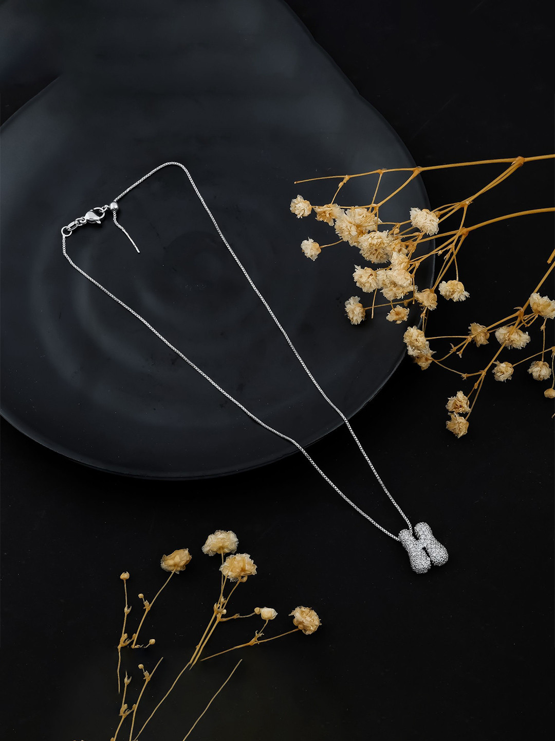 SKY SHOPPERS Unisex Silver-Plated Cubic Zirconia Studded H Alphabet Initial Chain