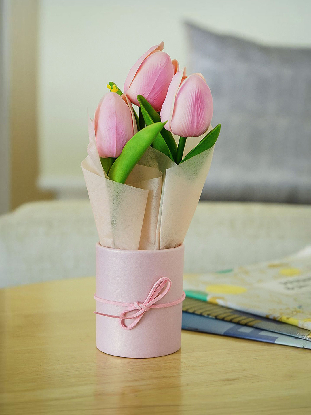 Nostrae by Ekhasa Pink Tulip Artificial Flower With Pot