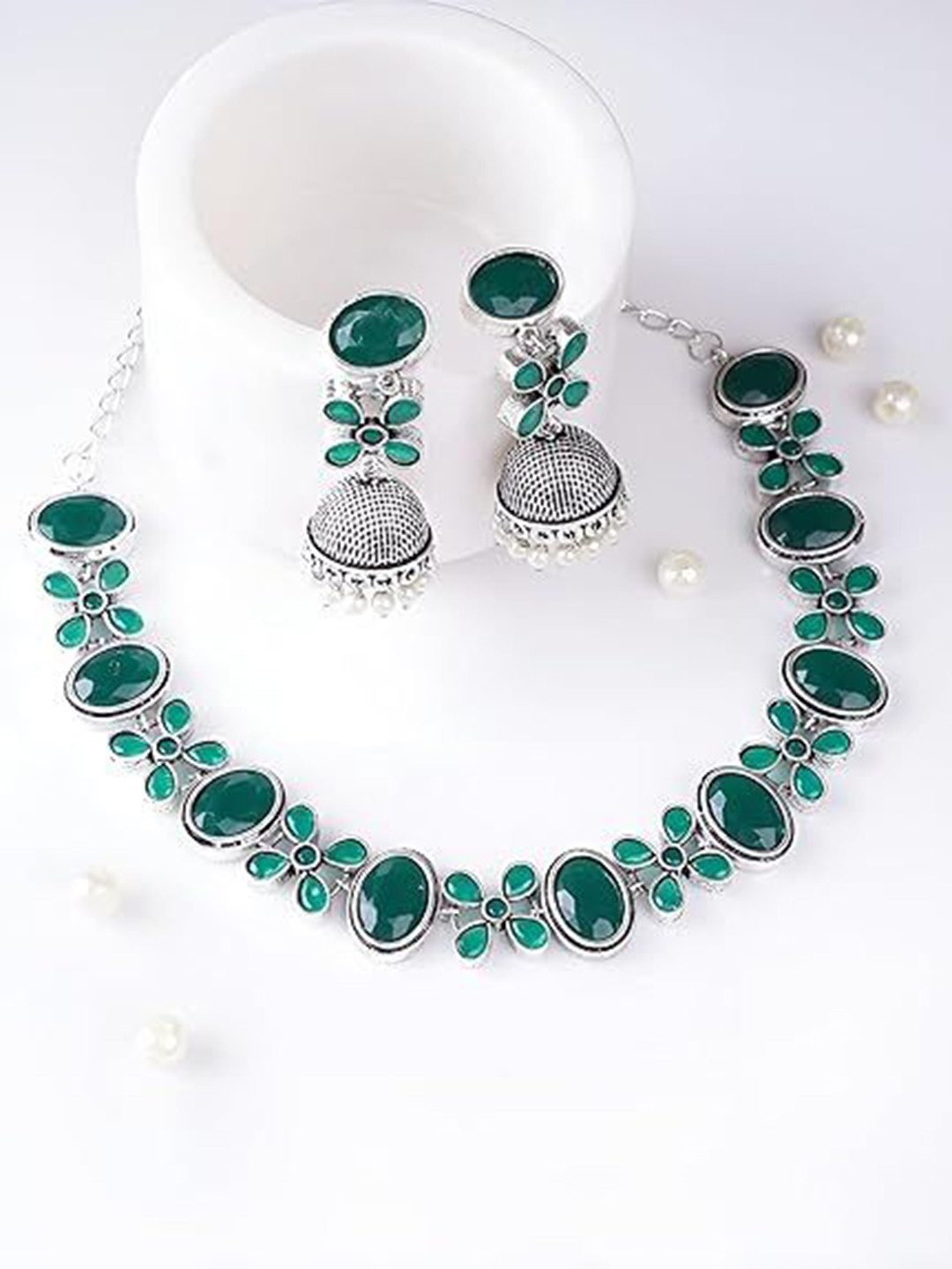 ORANGENYSHA Silver-Plated Stone Studded & Beaded Necklace and Earrings