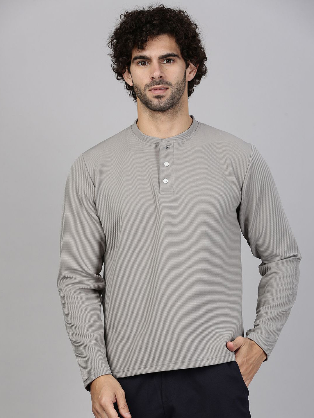 MADSTO Men Self Design Henley Neck Long Sleeves Casual T-shirt