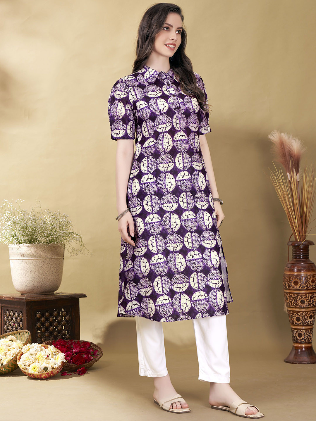 Anouk Violet Abstract Printed Shirt Collar Straight Kurta