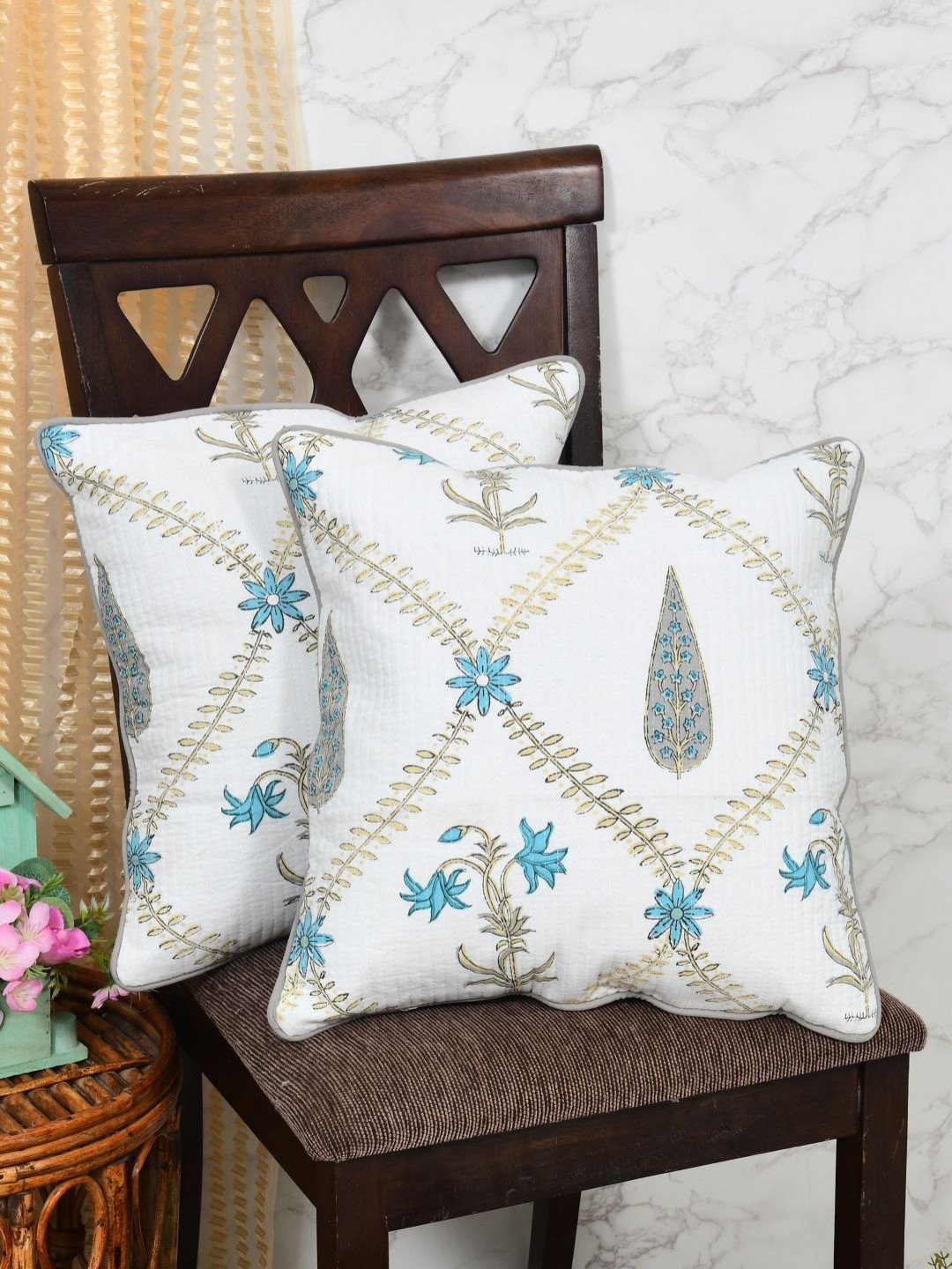 Clasiko Block Floral Cotton 2 Pcs Square Cushion Covers - 18 x 18 In