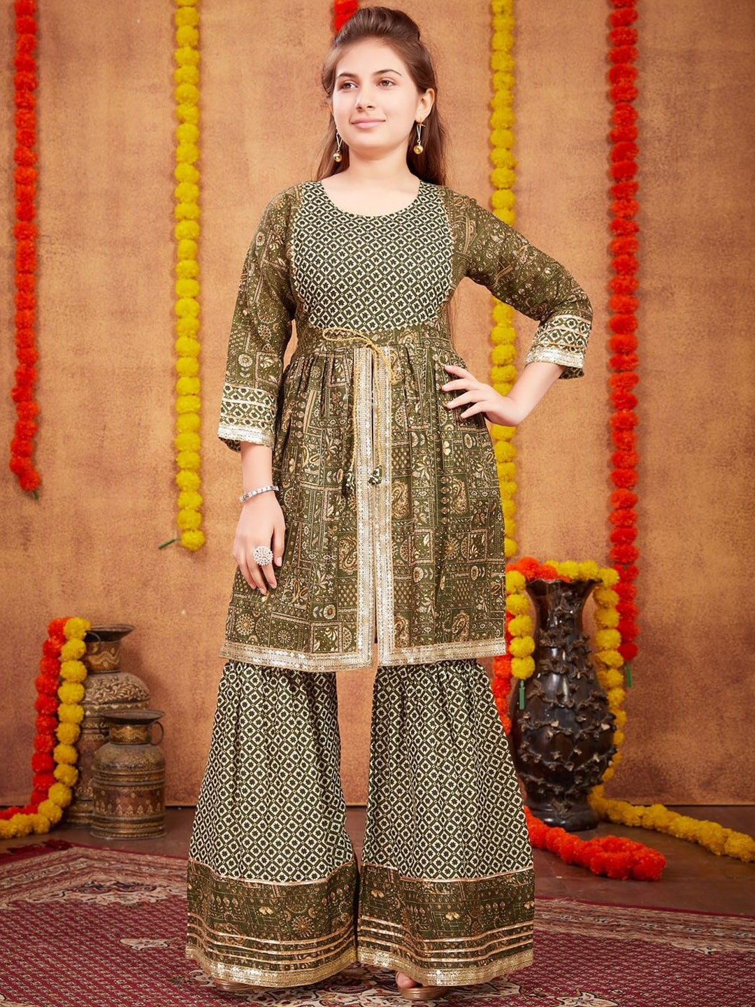 Sangria Girls Floral Printed Pure Cotton A-Line Kurtas & Sharara