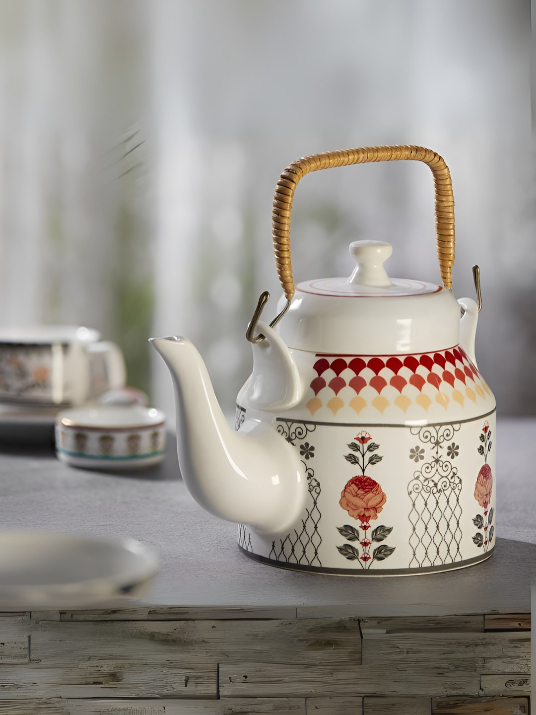 CLAY CRAFT  White & Red Floral Printed Ceramic Microwave Safe Kettle 1L