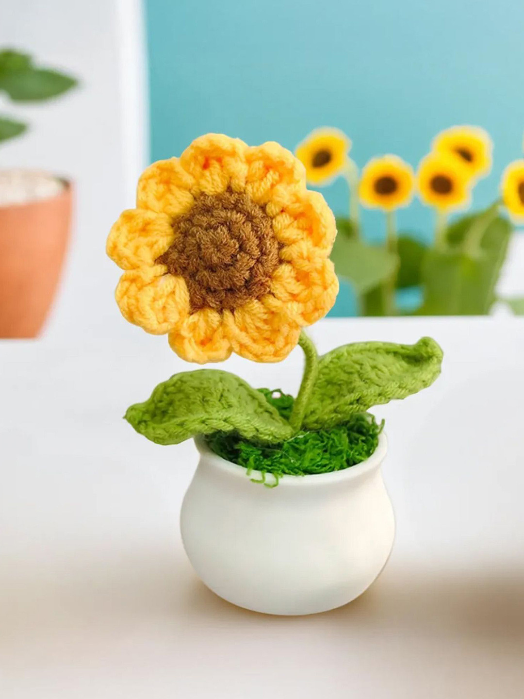 Nostrae by Ekhasa Crochet Yellow Sunflower Artificial Flower with Pot