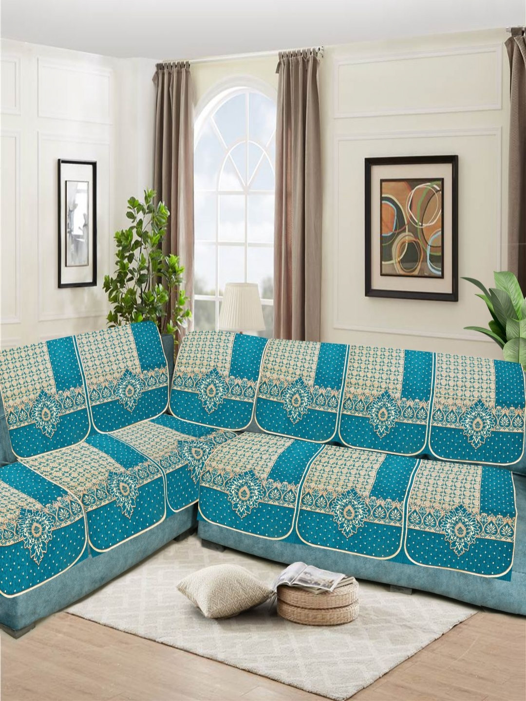 SAWNA HOMES Blue & Cream-Coloured 6 Pieces Embroidered Velvet Sofa Cover With Arms