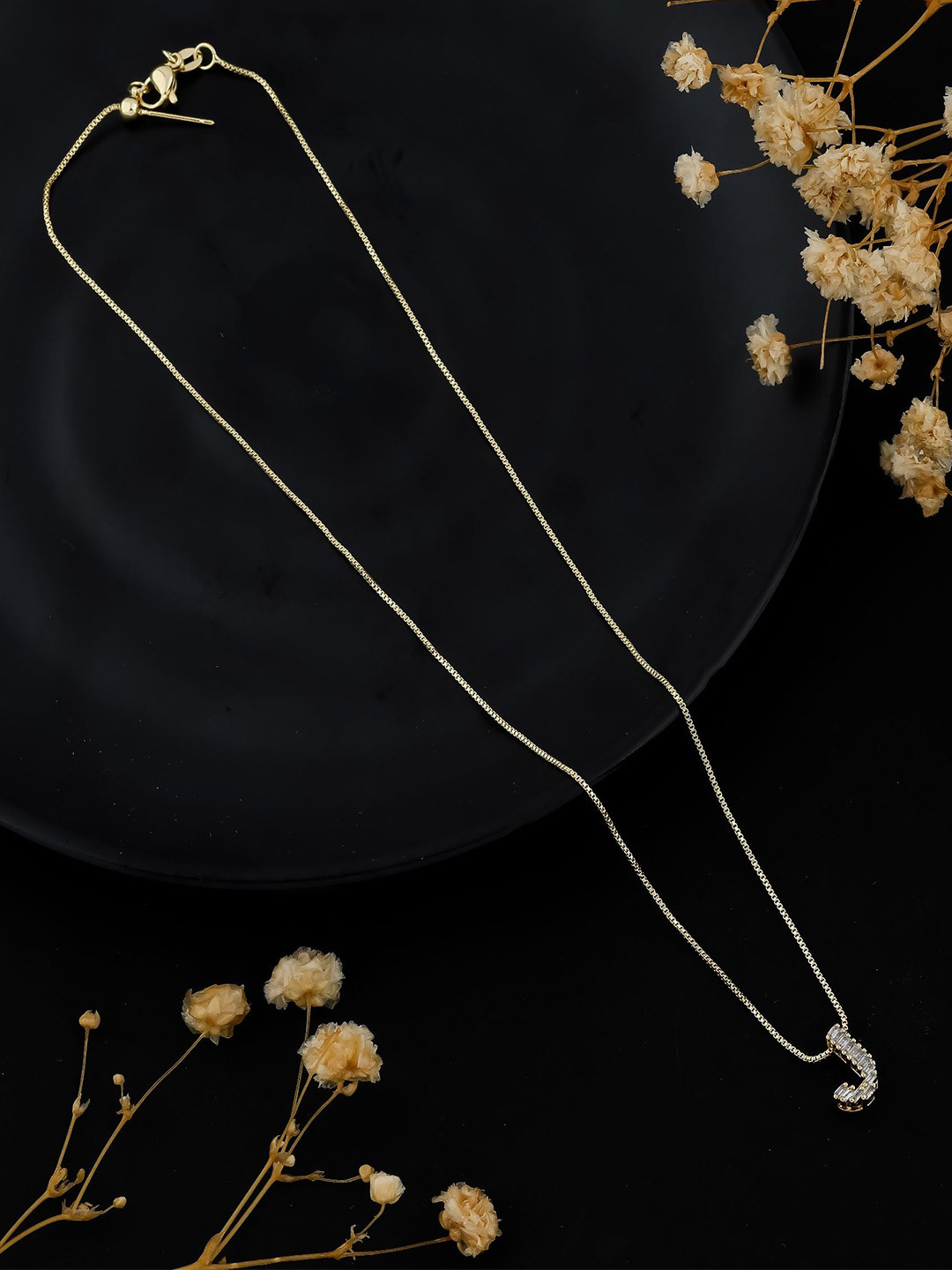 SKY SHOPPERS Unisex Gold-Plated Cubic Zirconia J Alphabet Minimal Pendant Chain