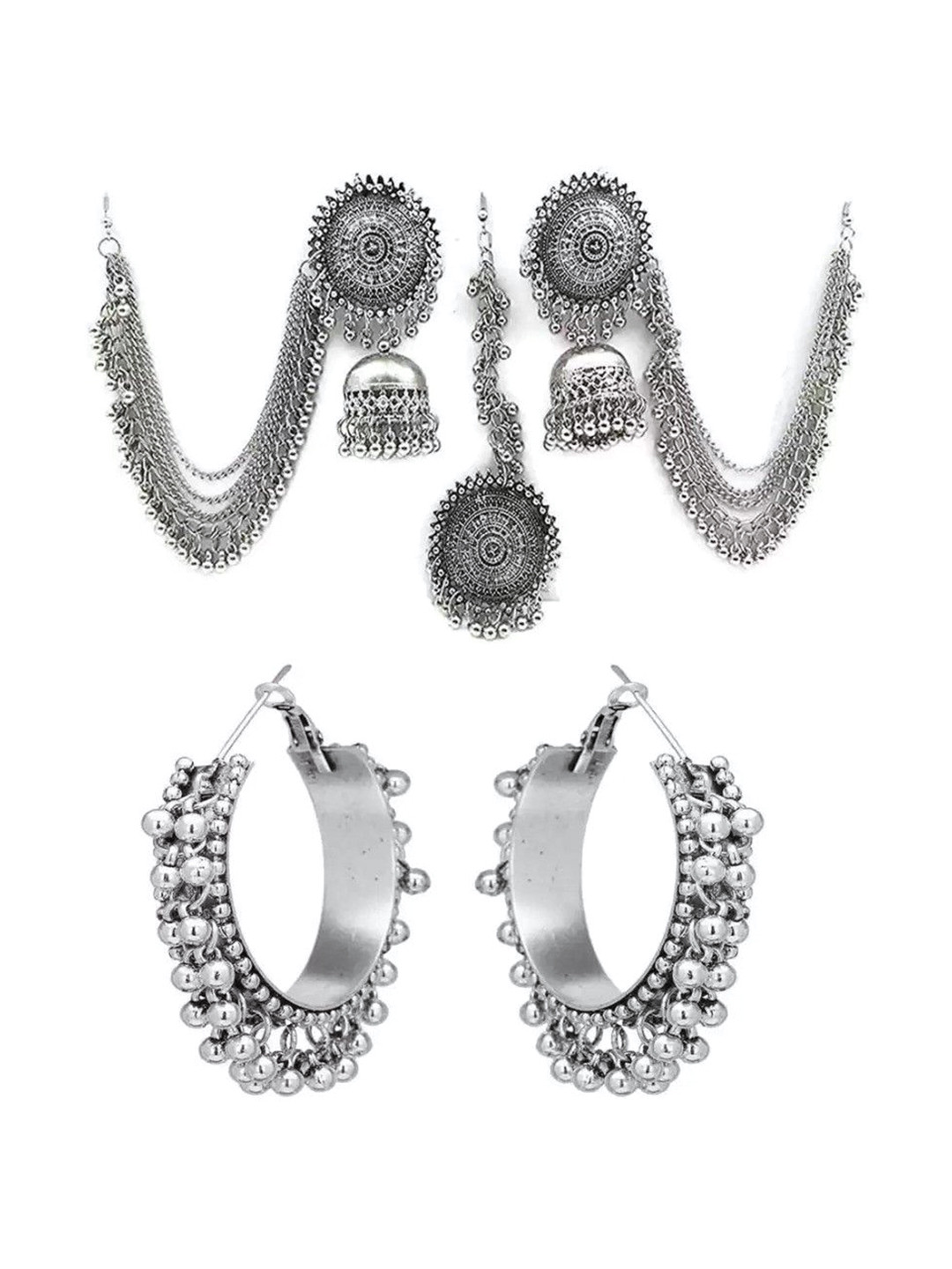 JMBW INTERNATIONAL Pack Of 4 Silver Plated Artificial Beads Contemporary Hoop Earrings