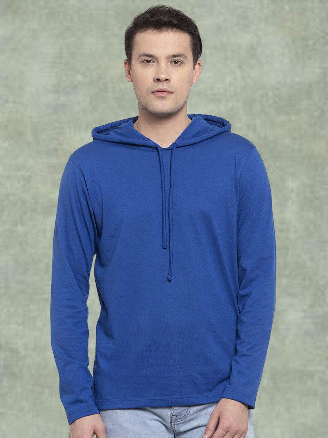 Friskers Men Royal Blue Cotton Solid Hoodie T-shirt