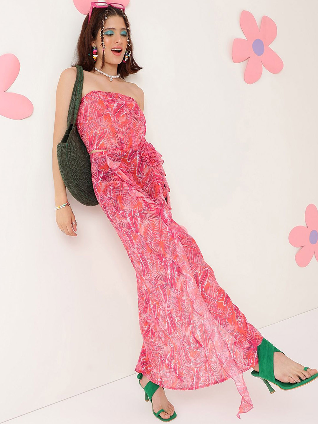 Fuchsia  Printed Off-Shoulder Sleeveless Top With Skirt