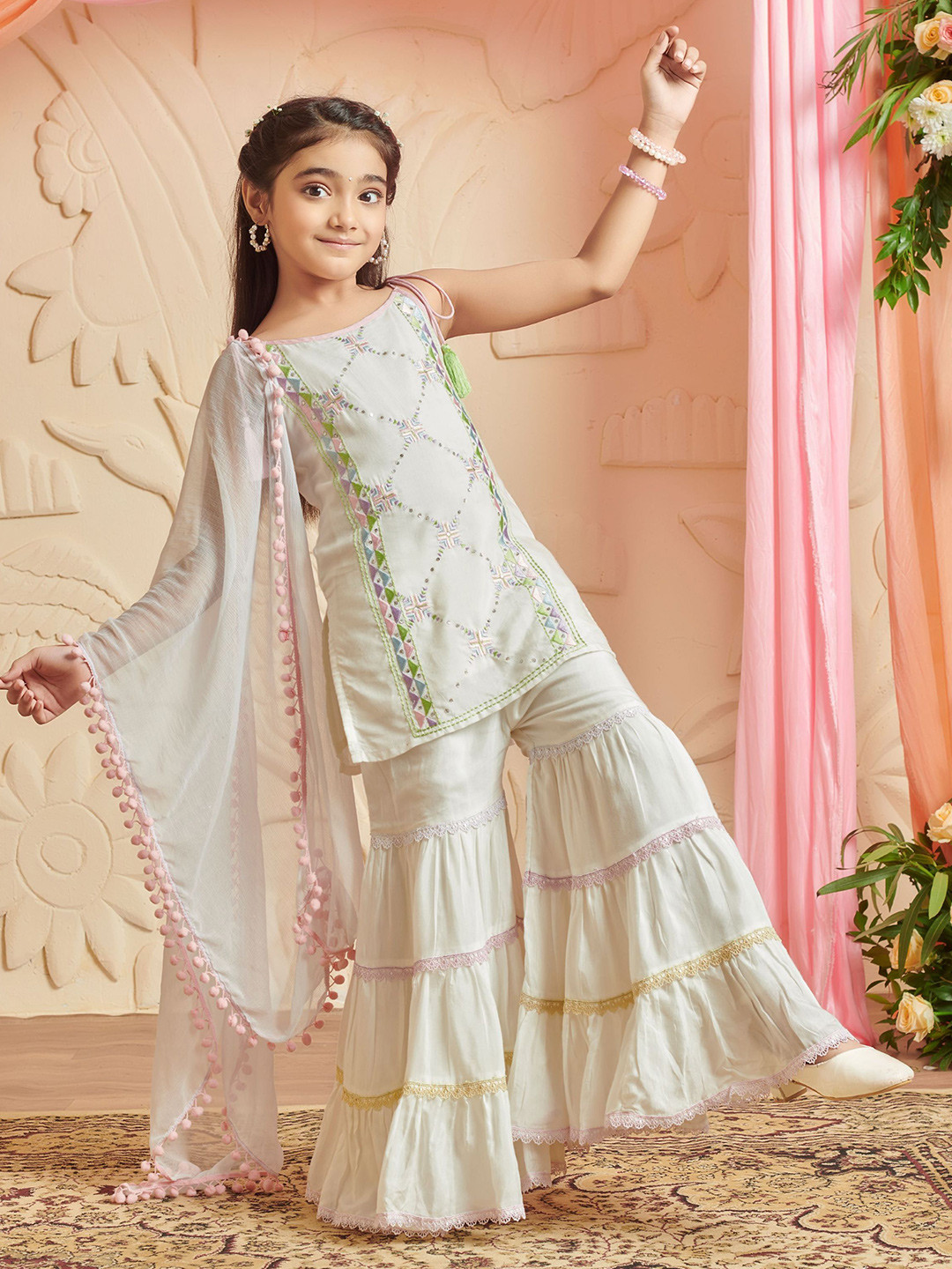 MASTARANG Girls White Embroidered Kurta With Tiered Garara And Shaded Duppata