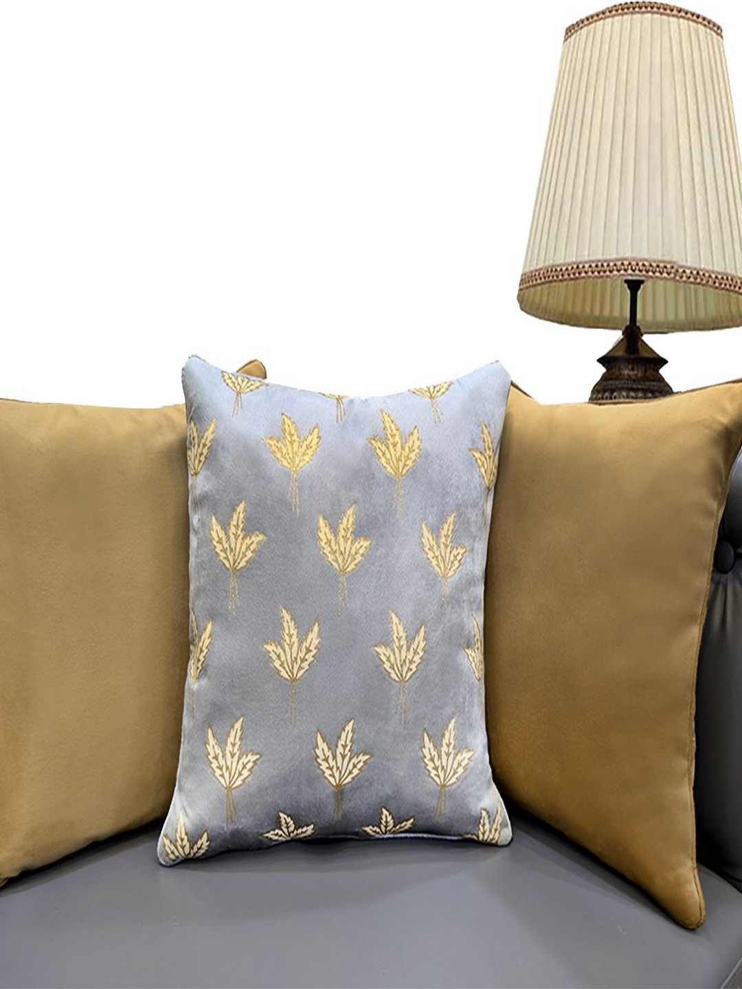 Good Vibes Grey Leaf Velvet Durable 3 Pcs Textured Rectangle Cushion Covers - 24 x 24 In