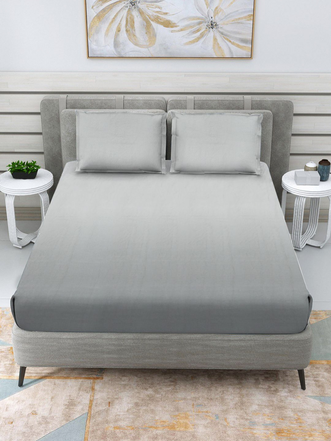 Myntra Elegant Homes Grey Cotton 250 TC King Fine Bedsheet with 2 Pillow Covers-108 x 108 inches