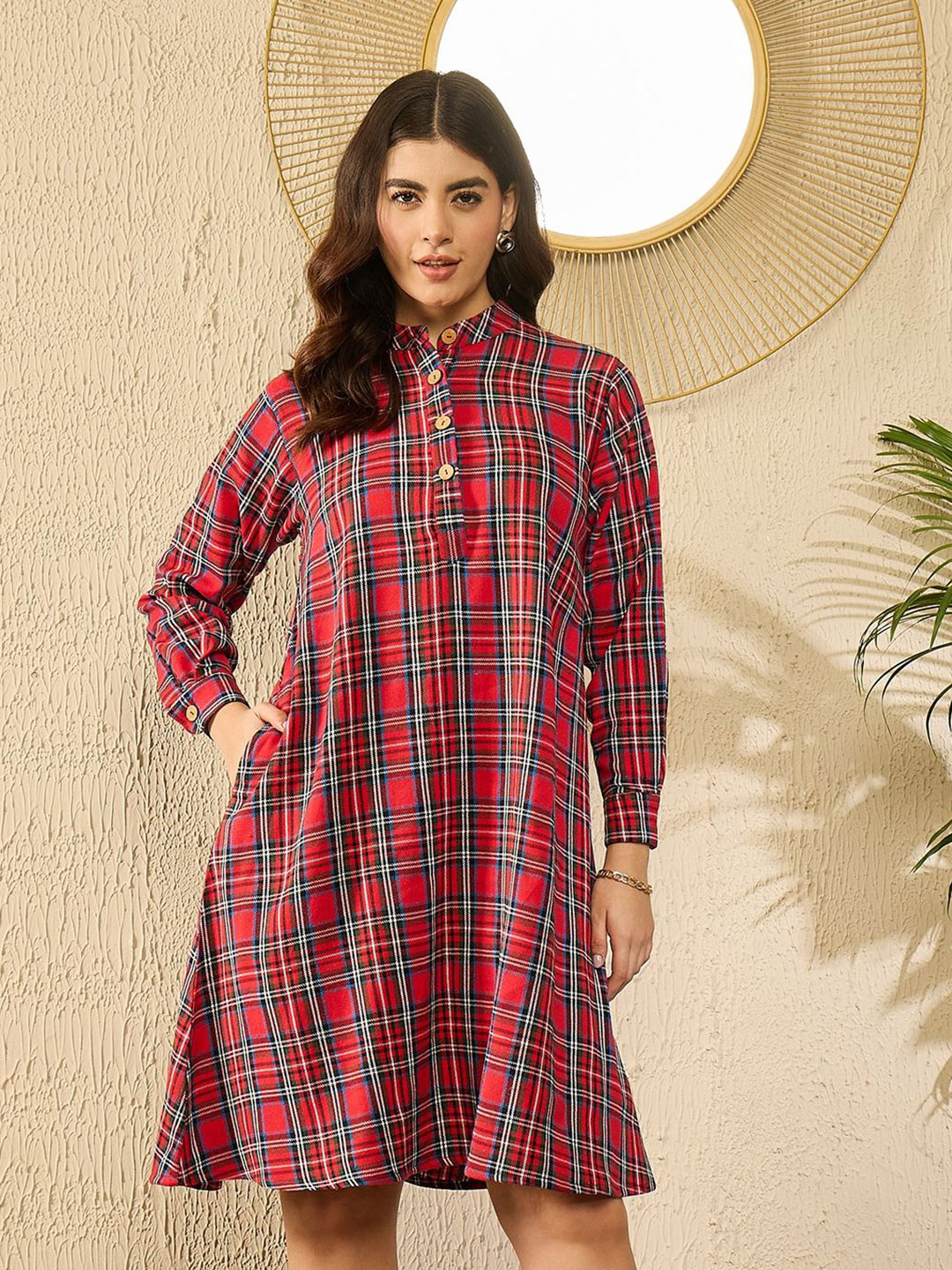 InWeave Checked Acrylic A-Line Midi Dress