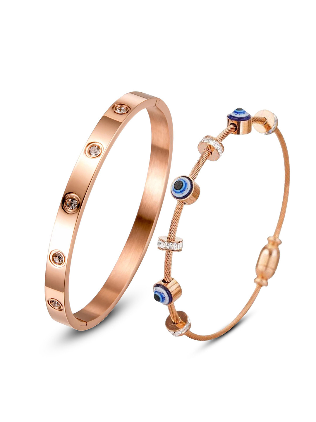 MEENAZ Set Of 2 Rose Gold-Plated Stainless Steel American Diamond Antique Kada Bracelet