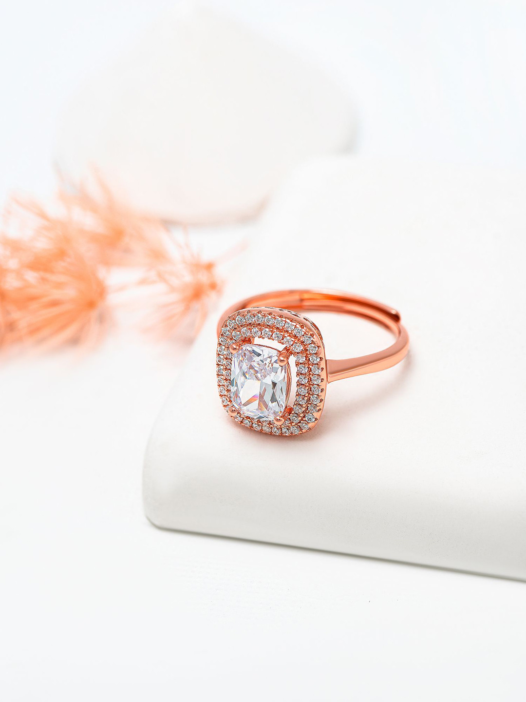 SILBERRY Rose Gold-Plated Crystal Studded Sparkle Adjustable Finger Ring